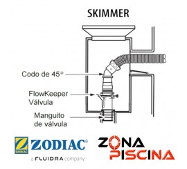 Repuesto codo conector 45º para Skimmers limpia fondos Zodiac W70244.