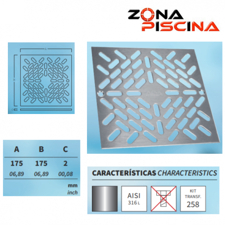 Recambio rejilla cuadrado acero inoxidable para sumidero piscina
