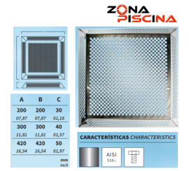 Rejilla desagüe en inoxidable aisi 316L para piscinas o varias aplicaciones.