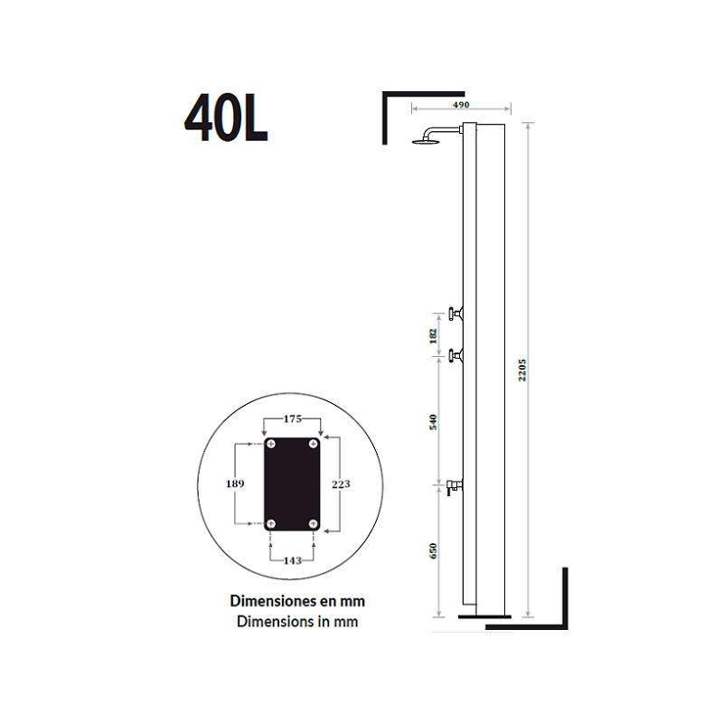 Ducha solar de 30 o 40 litros para piscinas serie Rustica