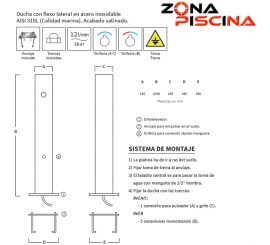 Ducha Lavapiés acero inoxidable 316 con flexo lateral para piscinas y playa