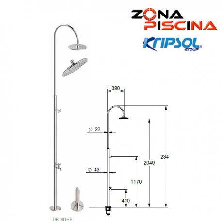 Ducha de piscina Kripsol serie bastón DB 101HF, con lavapies.  