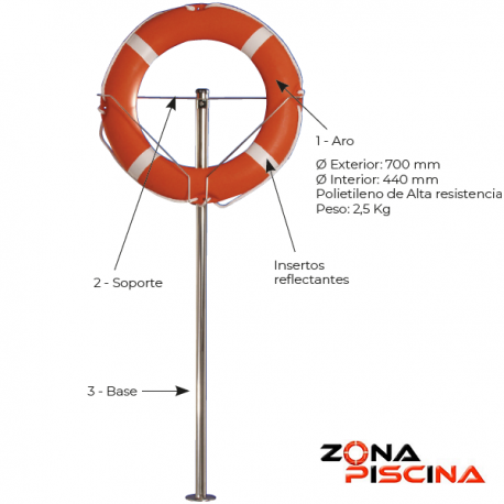 Soporte pie y aro salvavidas completo homologado para piscina