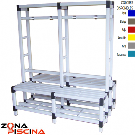 Banco doble pvc con bastidor para vestuarios públicos, piscinas