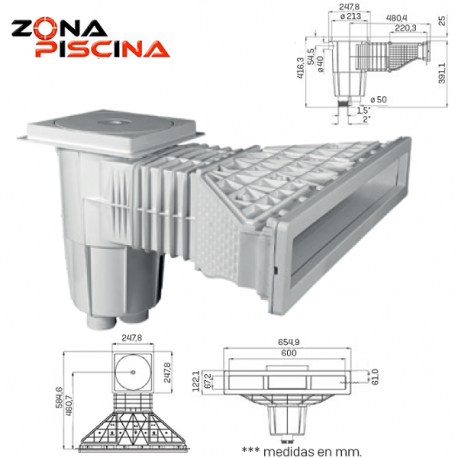 Skimmer boca estrecha y alargada para piscinas de hormigón